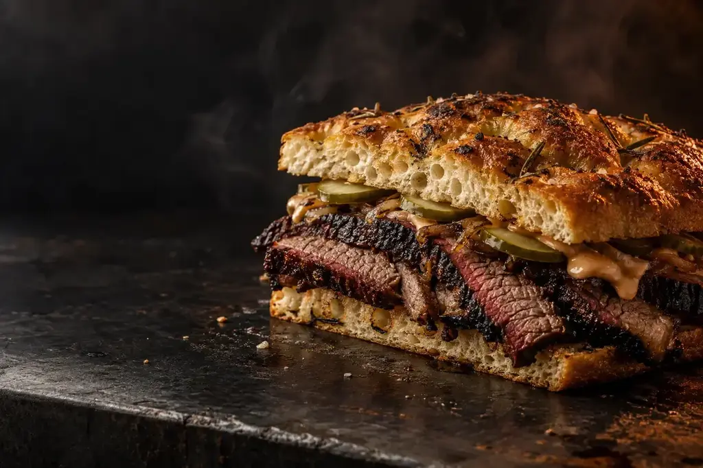 Sliced smoked brisket, pickles and smoked-onion sauce on house focaccia